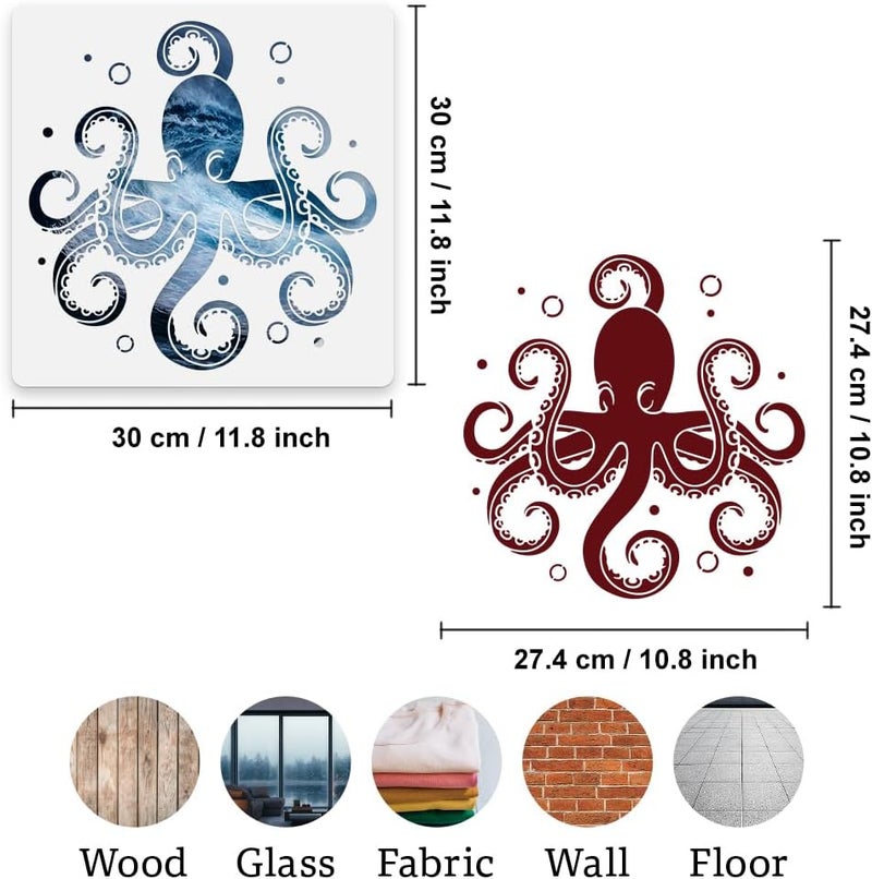 DOODLREAM Octopus Sea Wall Stencil Template 11.8 x 11.8 Inch Reusable Plastic Ocean Themed Stencil for Painting on Wood Wall Floor Tile Fabric Glass DIY Home Decor - Image 2